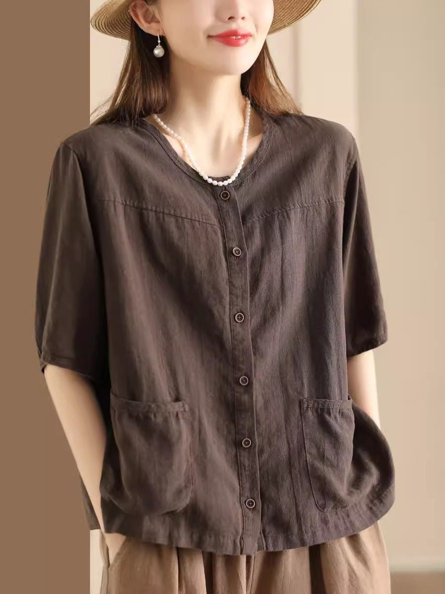 Women's Summer Retro Literary Cotton Linen Shirt Pocket Design Casual Blouses