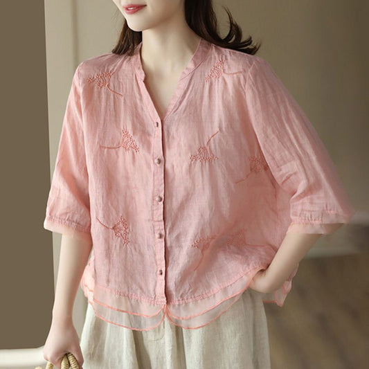 Women's Retro Cotton Linen Shirt Literary Embroidered Elegant Stitching Blouses
