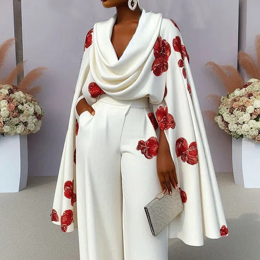 Women's Printed Heap Collar Long Sleeves Two-piece Suits