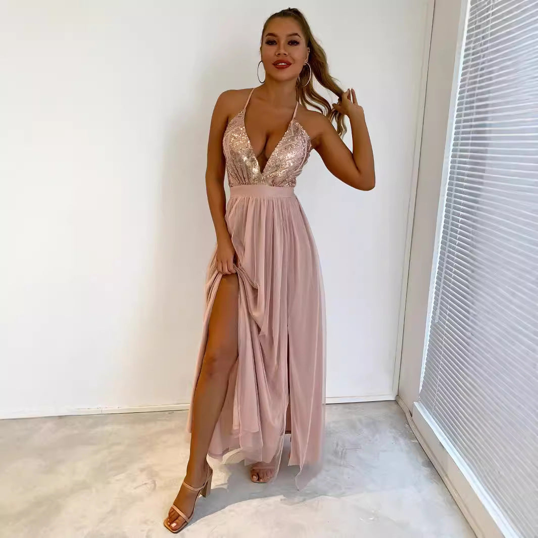 Women's Straps Tulle Sequin Stitching Slit Swing Dresses