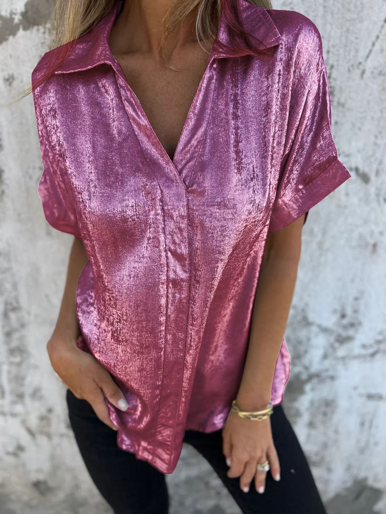 Women's Summer Casual Loose Bronzing Sleeve Lapel Blouses