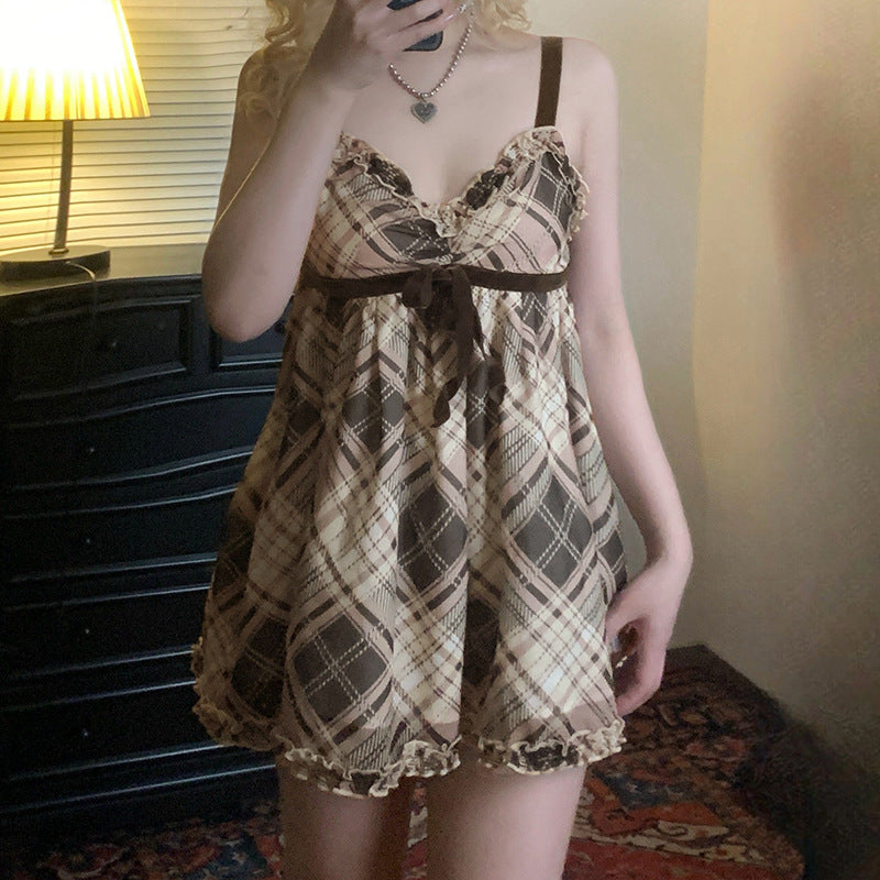 Women's Plaid Bow Camisole Spring Lace Up Tops