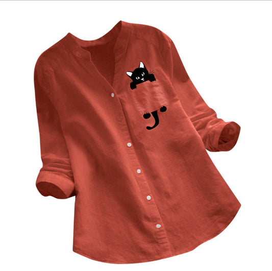Women's Cotton Linen Printed Long Sleeve Casual Blouses