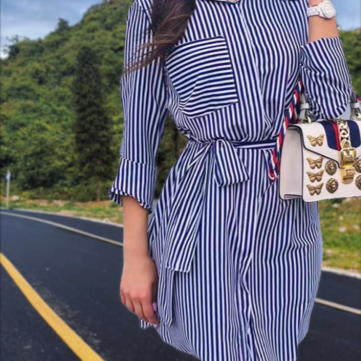 Women's Autumn Wear Striped Blue Loose Mid-length Blouses