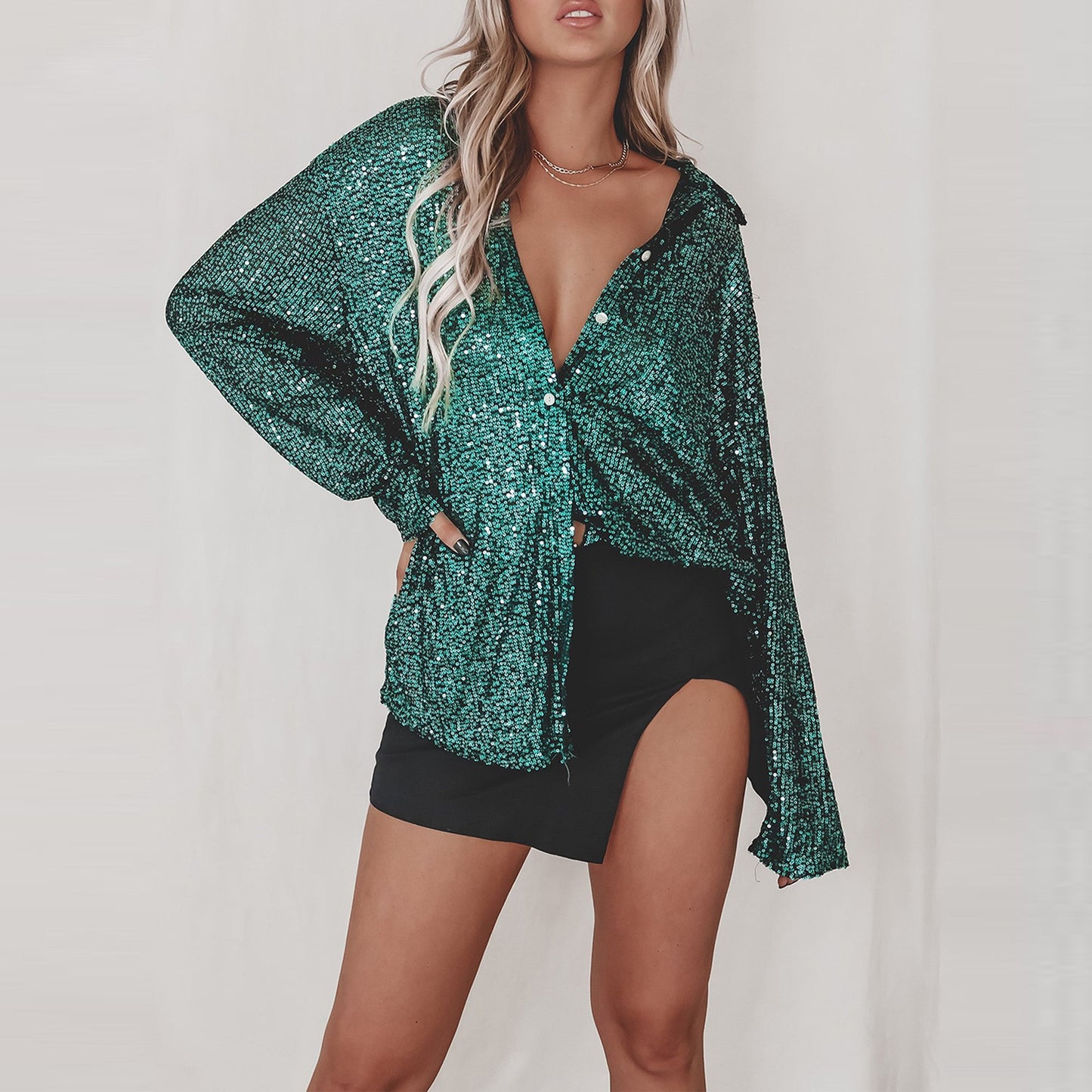 Women's Sequin Lapel Long Sleeve Basic Style Blouses