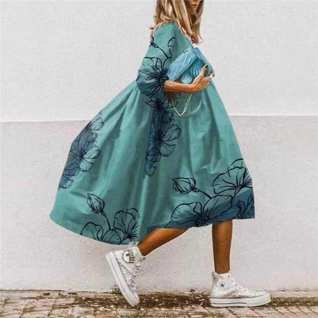 Women's Neck Loose Waist Printed Long Sleeve Dresses