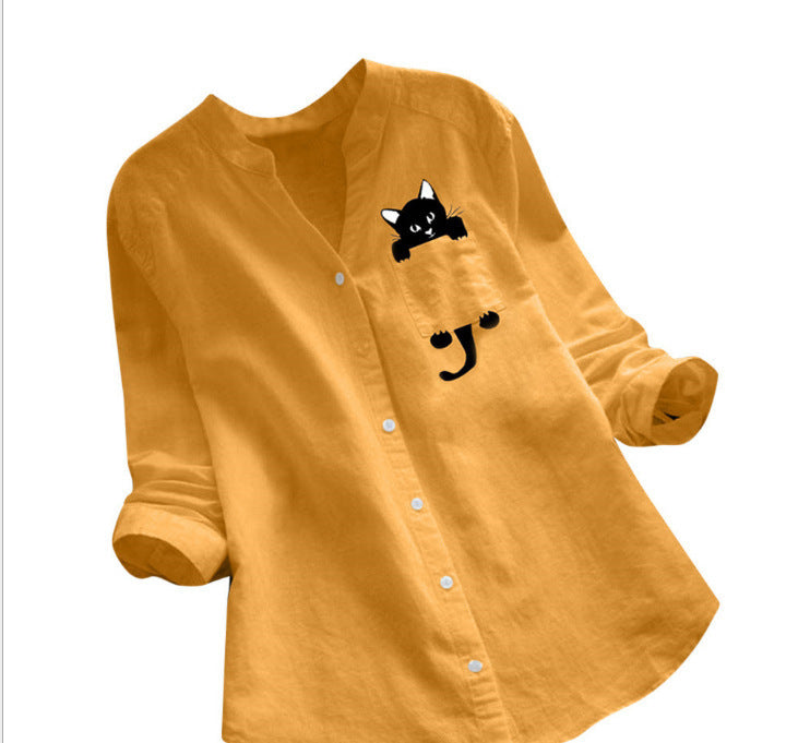 Women's Cotton Linen Printed Long Sleeve Casual Blouses