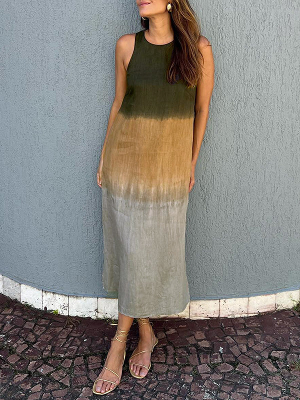 Women's Casual Cotton Linen Sleeveless Slit Gradient Dresses