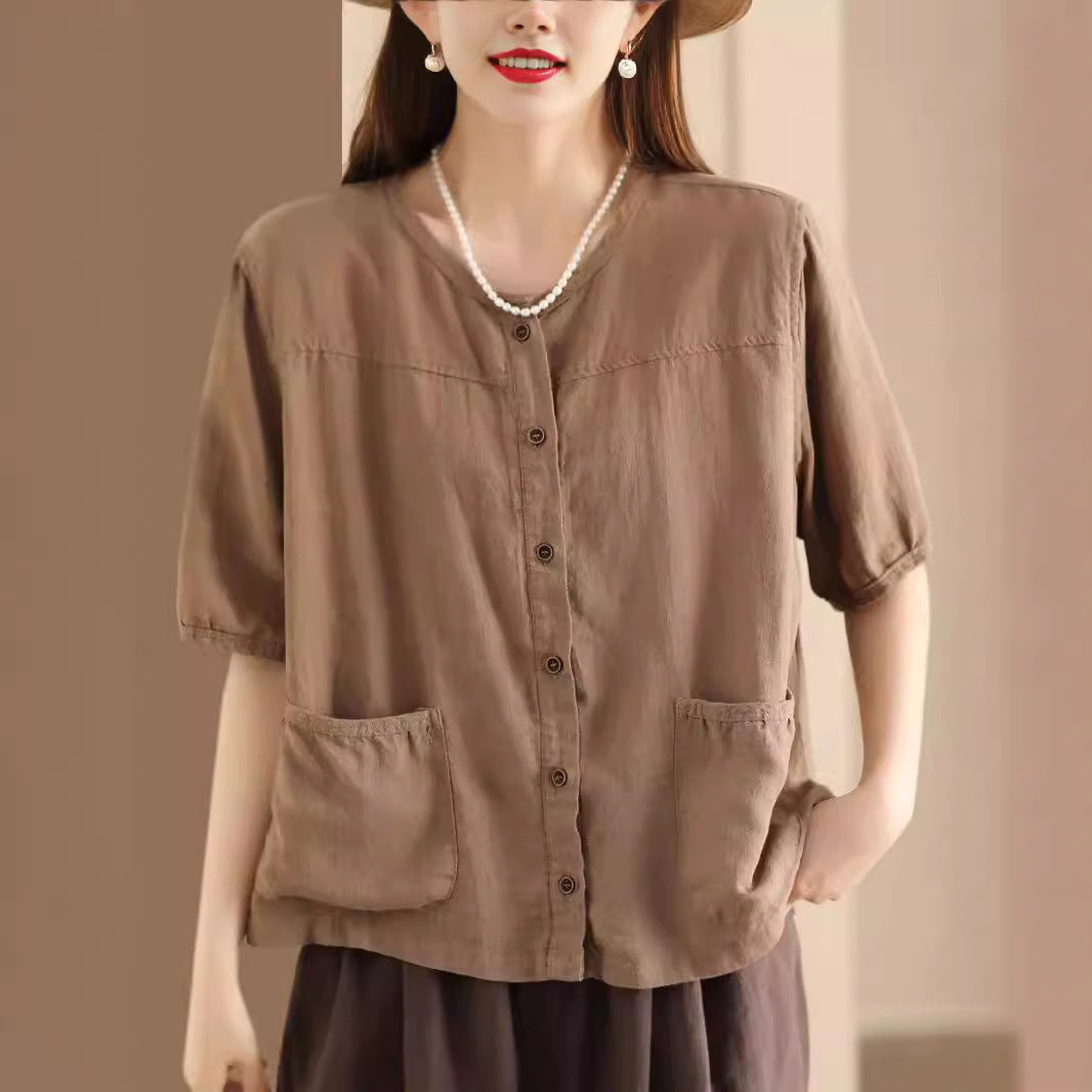 Women's Summer Retro Literary Cotton Linen Shirt Pocket Design Casual Blouses