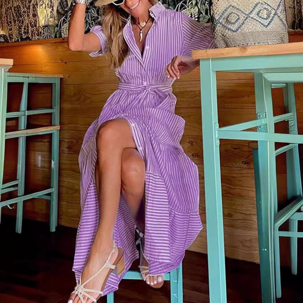 Fashion Printed Striped Sleeve Loose Mid-length Dresses
