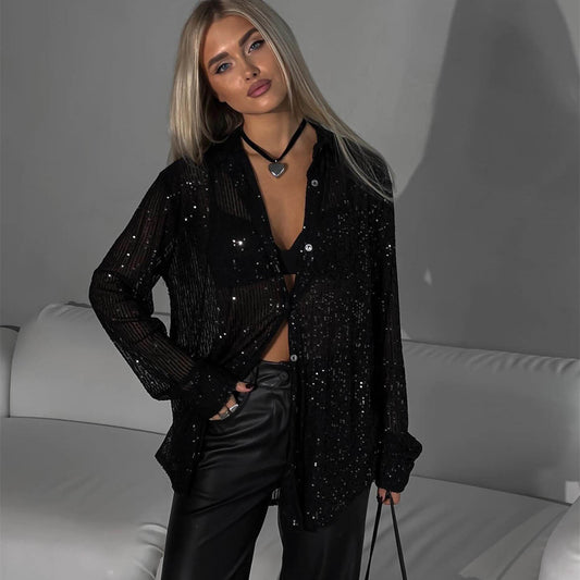 Women's Sequin Lapel Long Sleeve Basic Style Blouses
