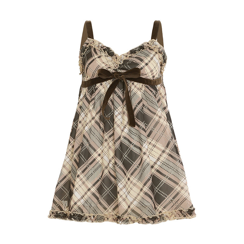 Women's Plaid Bow Camisole Spring Lace Up Tops