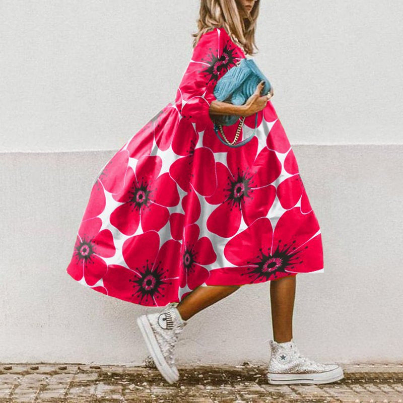 Women's Neck Loose Waist Printed Long Sleeve Dresses