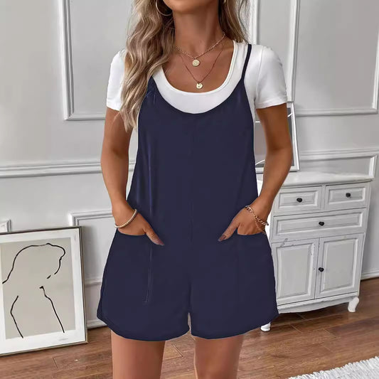 Women's Solid Color Pocket Suspender Loose Casual Jumpsuits