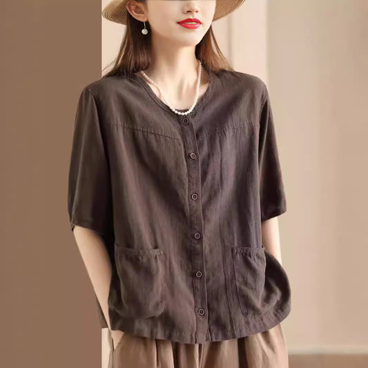 Women's Summer Retro Literary Cotton Linen Shirt Pocket Design Casual Blouses