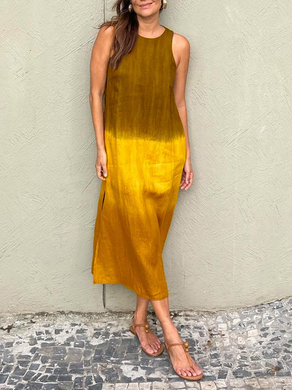 Women's Casual Cotton Linen Sleeveless Slit Gradient Dresses