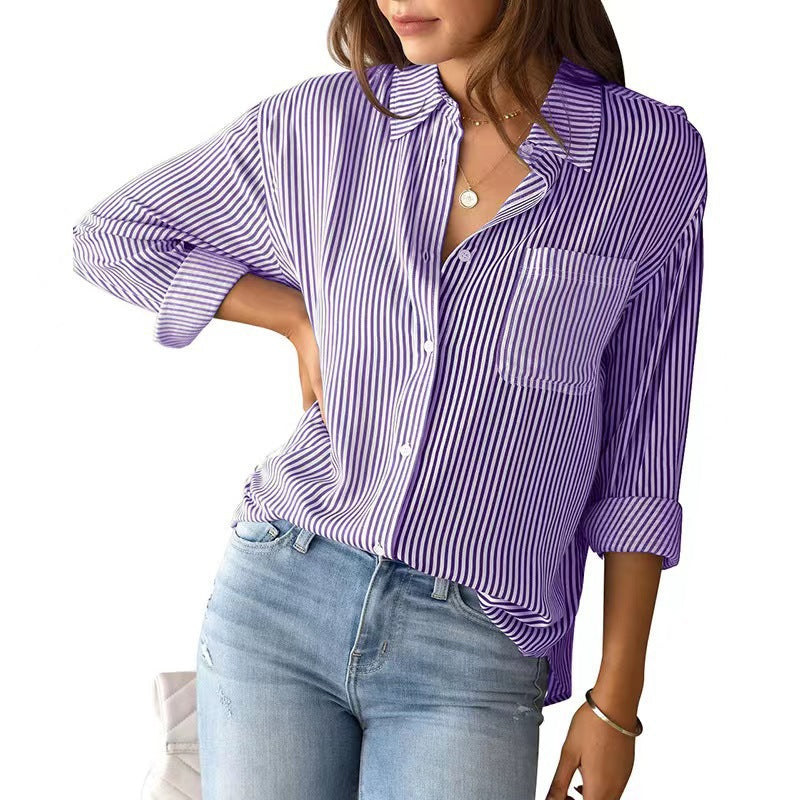 Women's For With Pocket Loose Striped Classic Blouses