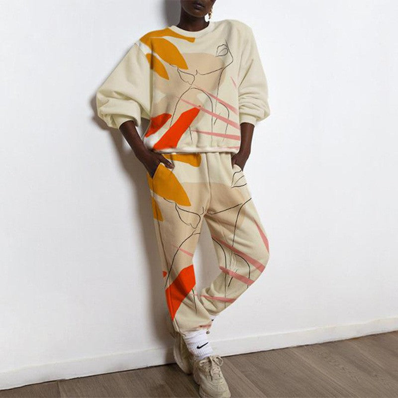 Women's Casual Round Neck Loose Printed Basic Suits