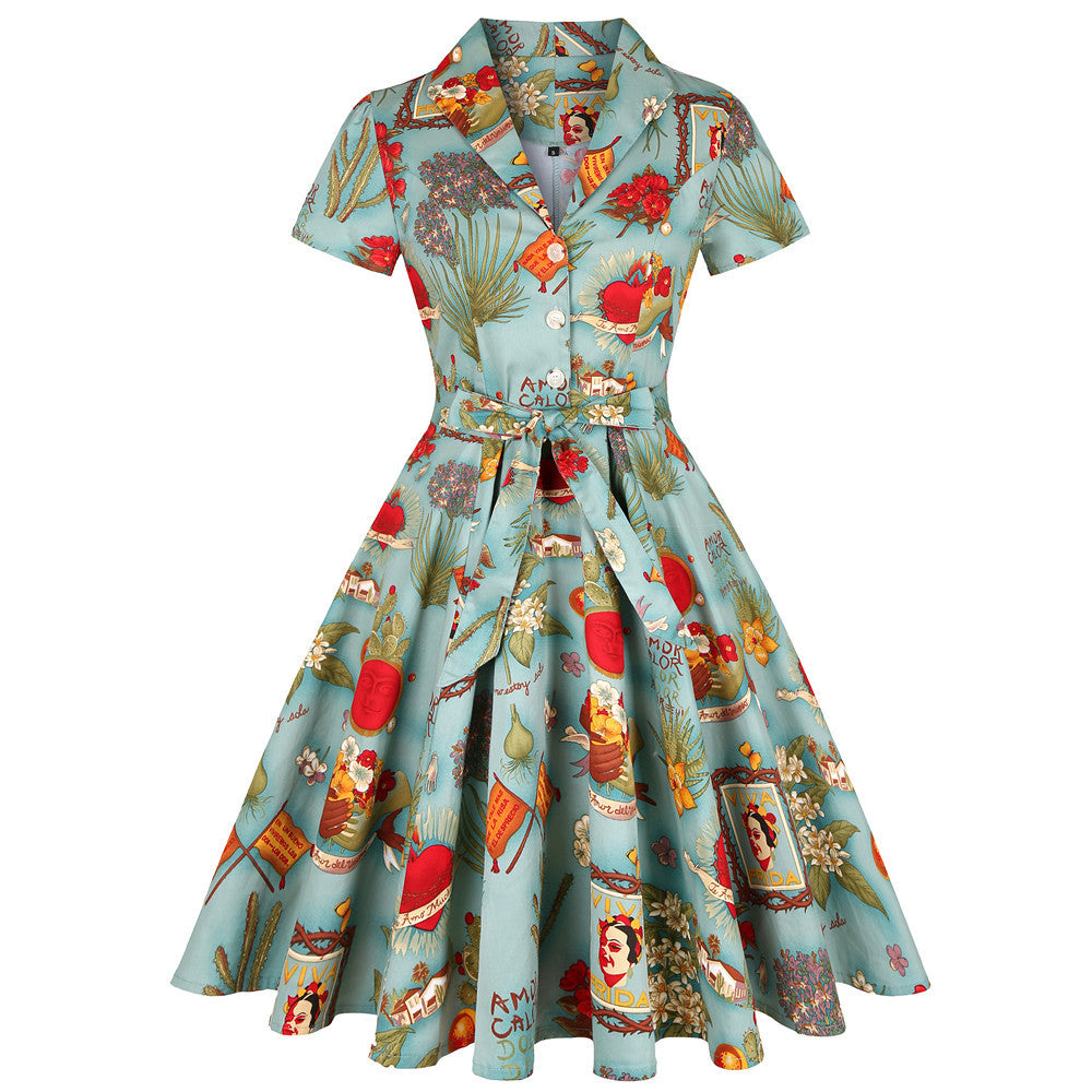 Lapel Sleeve Fresh Printed Large Swing Dress Shorts