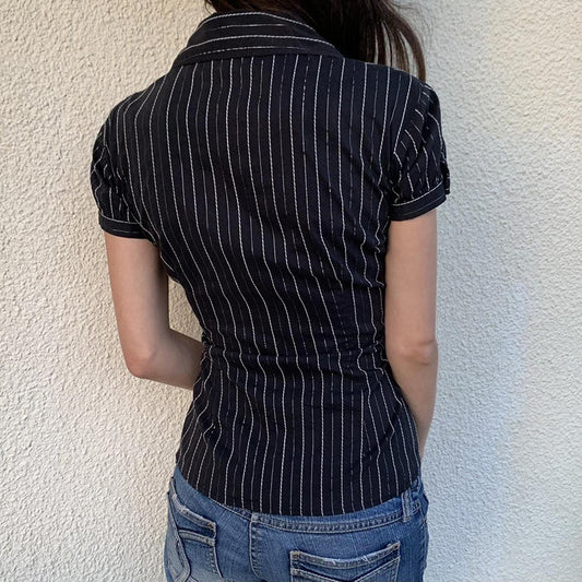 Women's American Fashion Striped Shirt Summer Contrast Color Sleeve Blouses