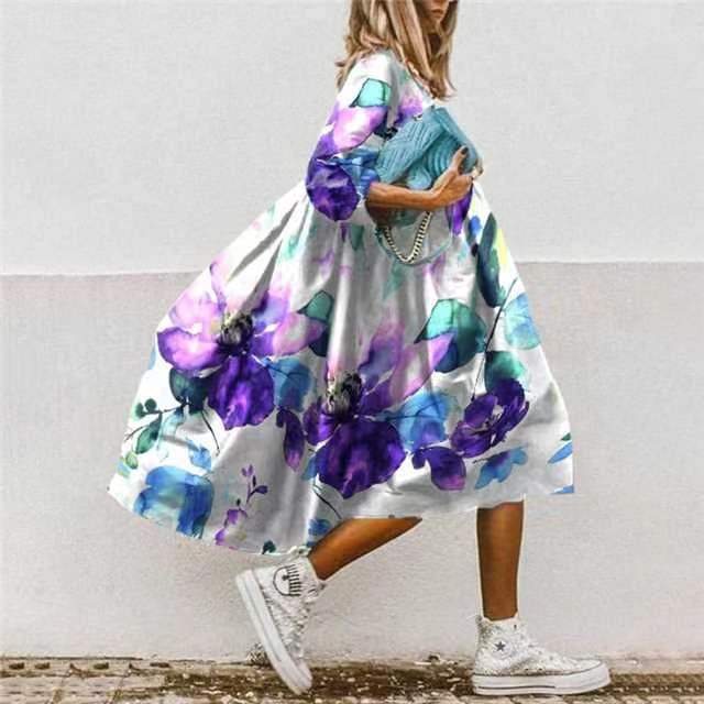 Women's Neck Loose Waist Printed Long Sleeve Dresses