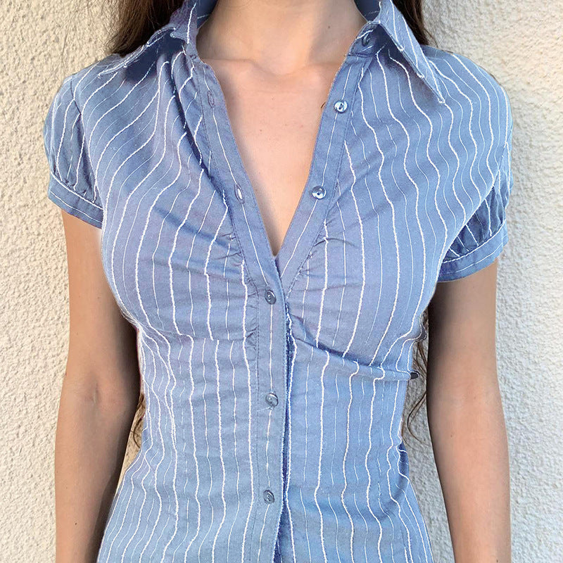 Women's American Fashion Striped Shirt Summer Contrast Color Sleeve Blouses