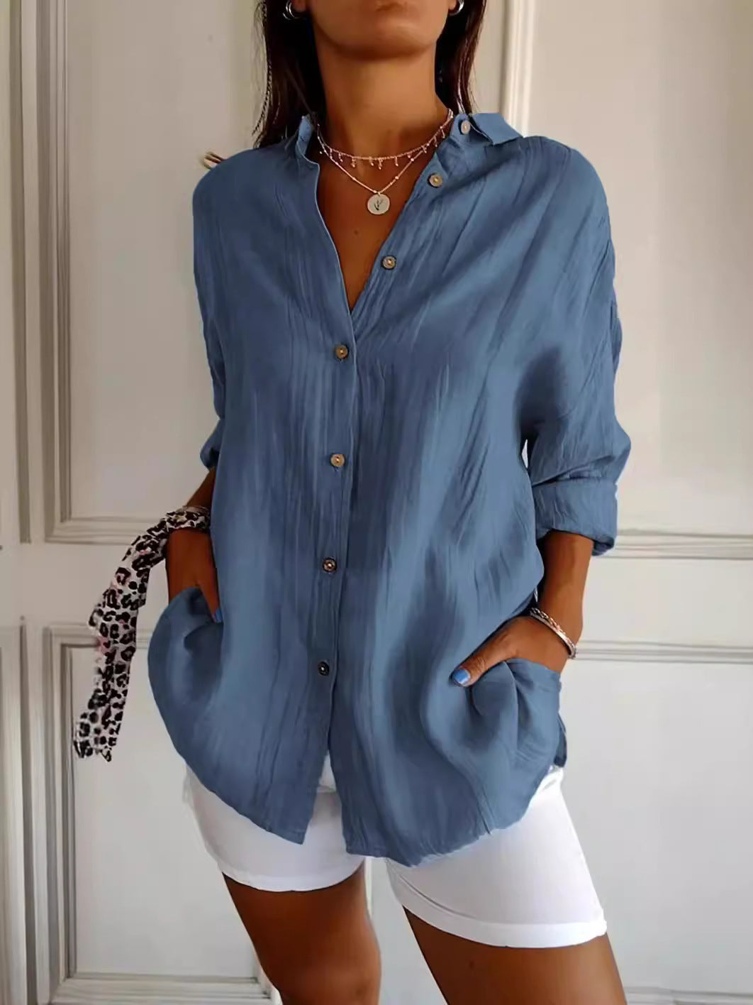 Women's Single-breasted Pleated Lapel Shirt Solid Color Blouses
