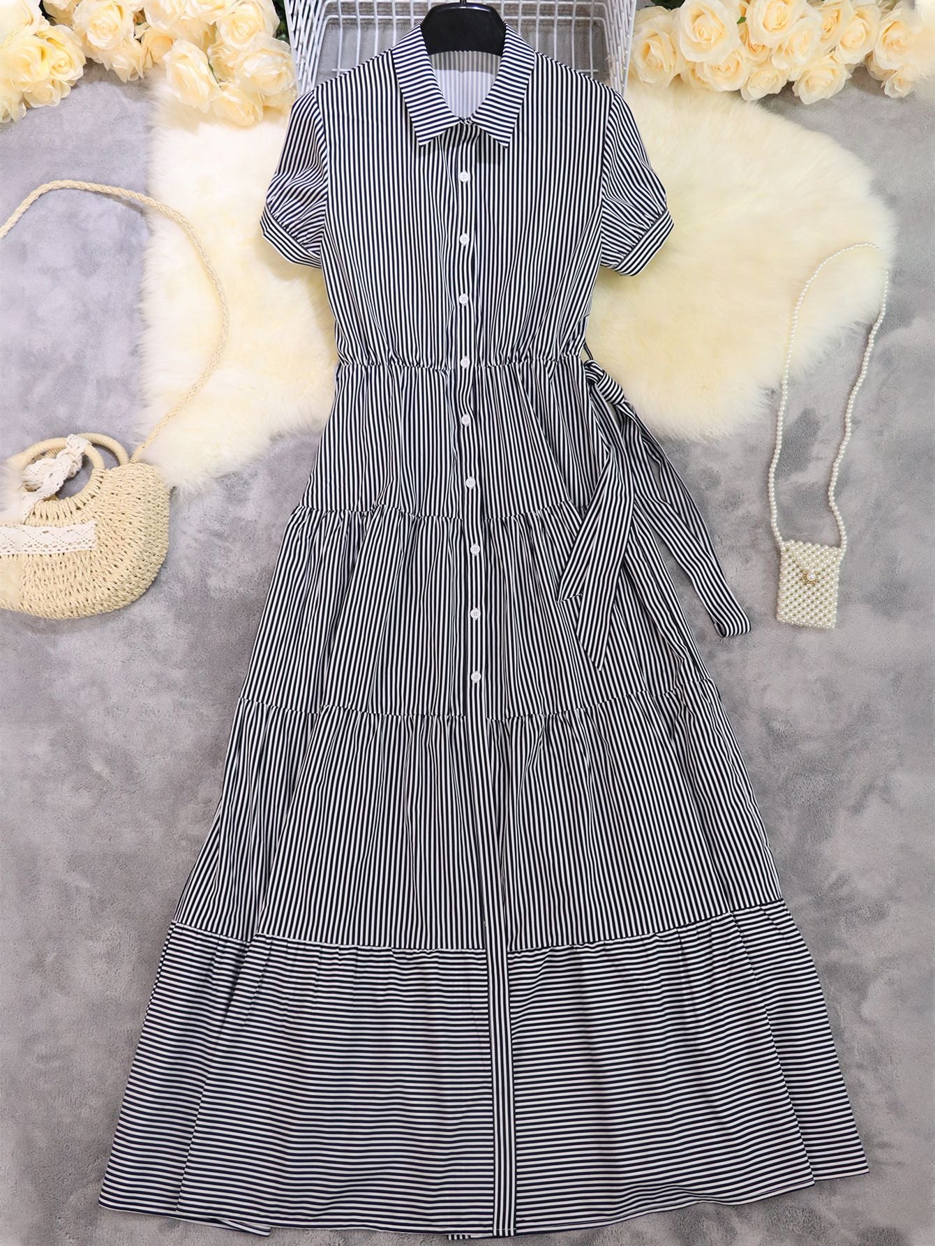 Fashion Printed Striped Sleeve Loose Mid-length Dresses
