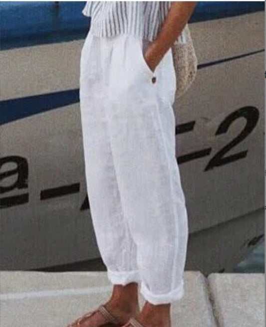 Cotton Linen Solid Color Curling Casual Pants
