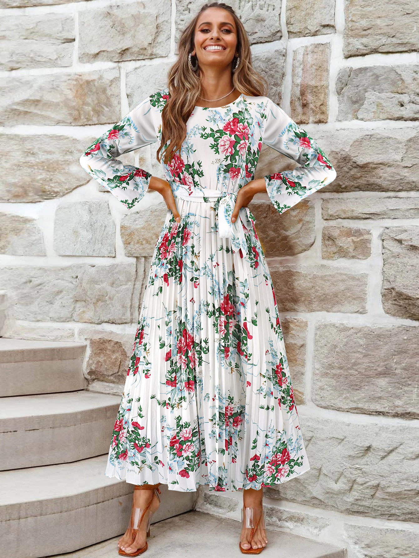 Women's Spring Bell Sleeve Bohemian Pleated Printed Dresses