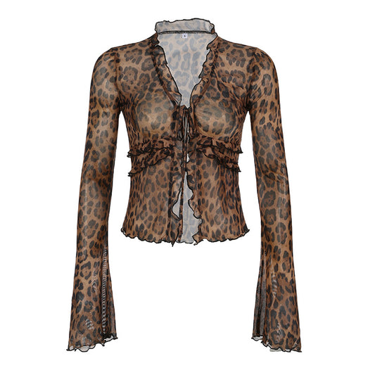 Style Leopard Print Irregular Mesh Long Sleeve Blouses