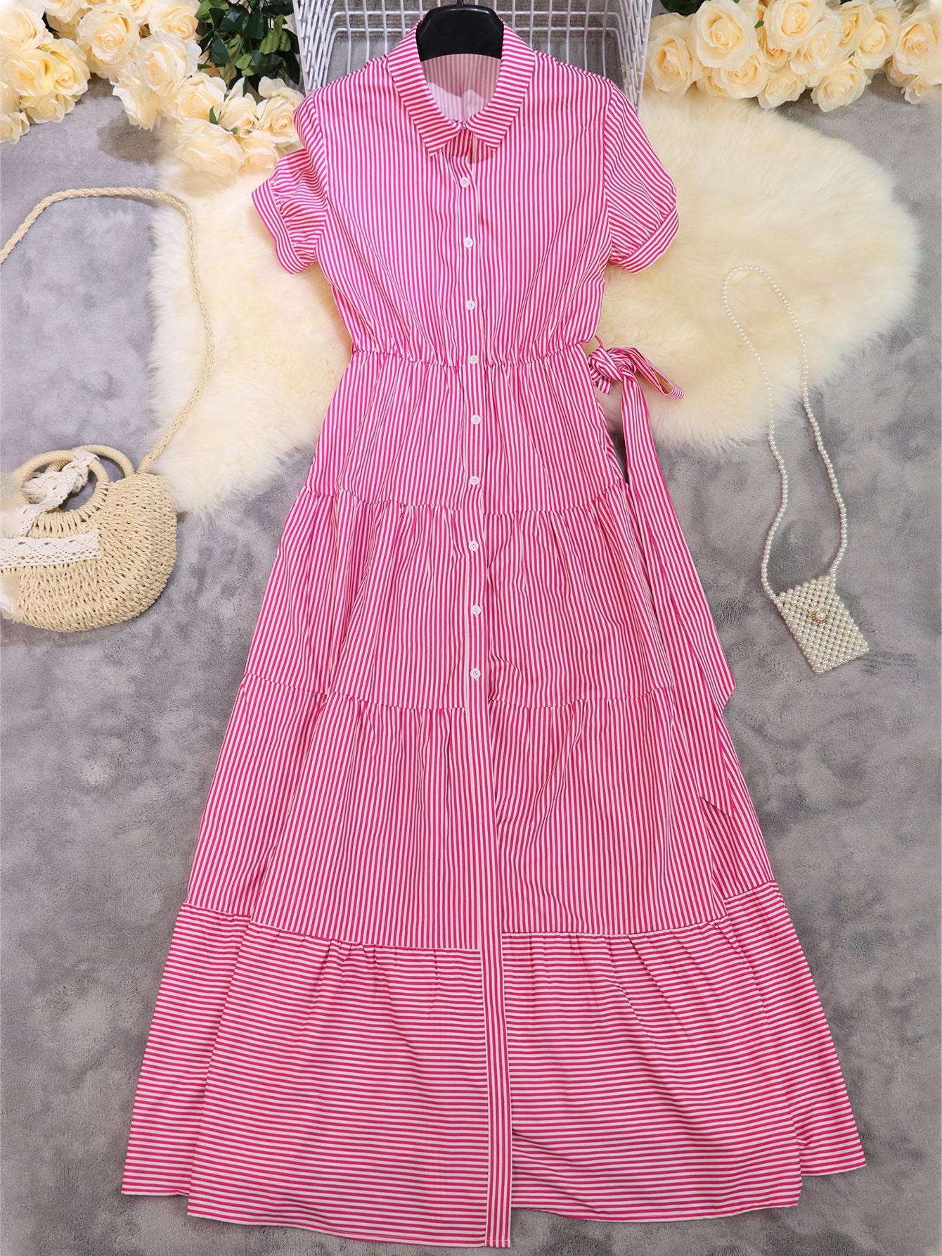 Fashion Printed Striped Sleeve Loose Mid-length Dresses