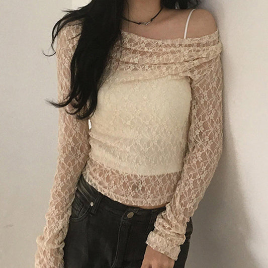 Women's Pure Desire Style Lace Diagonal Collar T-shirt Design Blouses