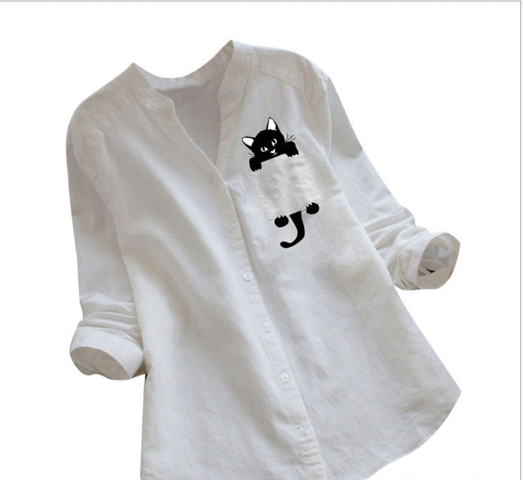 Women's Cotton Linen Printed Long Sleeve Casual Blouses