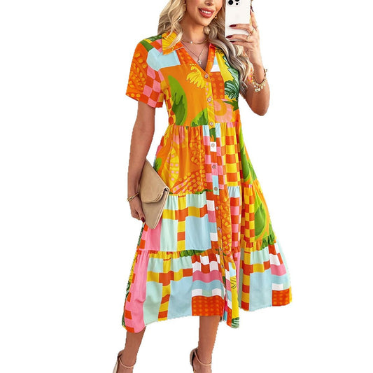 Women's Bohemian Holiday High Waist Geometric Contrast Dresses