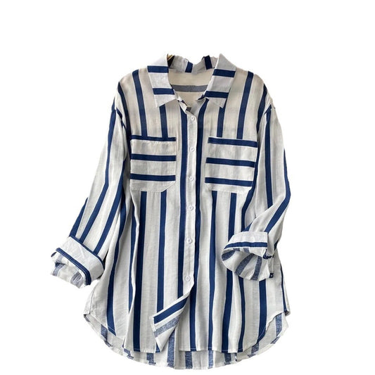 Mid-length Vertical Stripes Shirt Female Korean Blouses