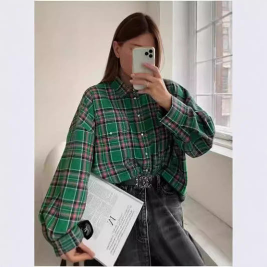 Women's Retro Style Lapel Loose Shirt Plaid Blouses