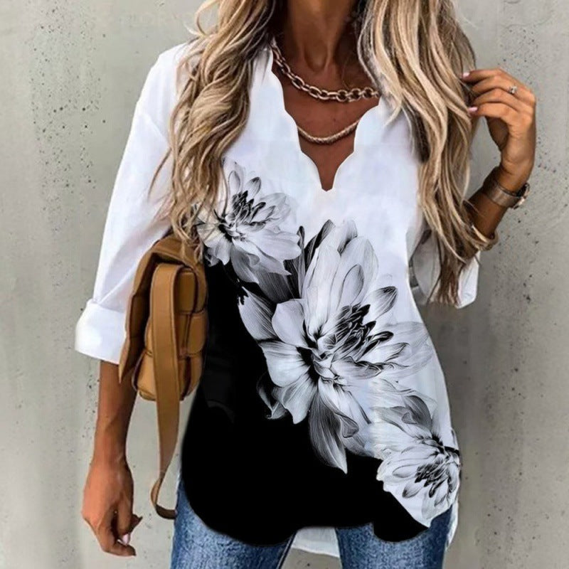Women's Temperament Wave Collar Shirt Printed Long Blouses