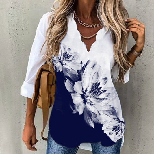 Women's Temperament Wave Collar Shirt Printed Long Blouses
