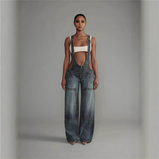 Women's Low Waist Strap One-piece Wide Leg Jeans