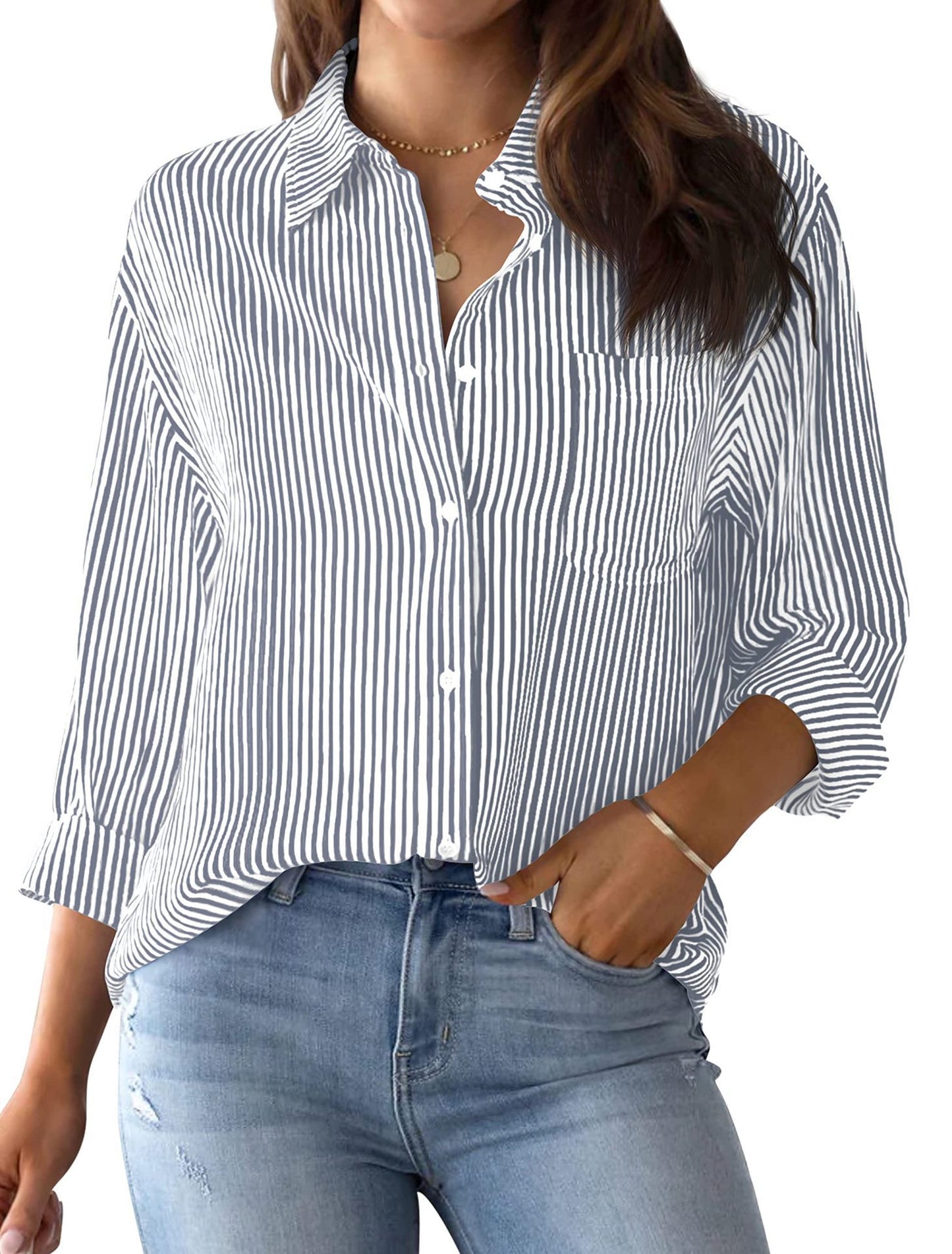 Women's For With Pocket Loose Striped Classic Blouses