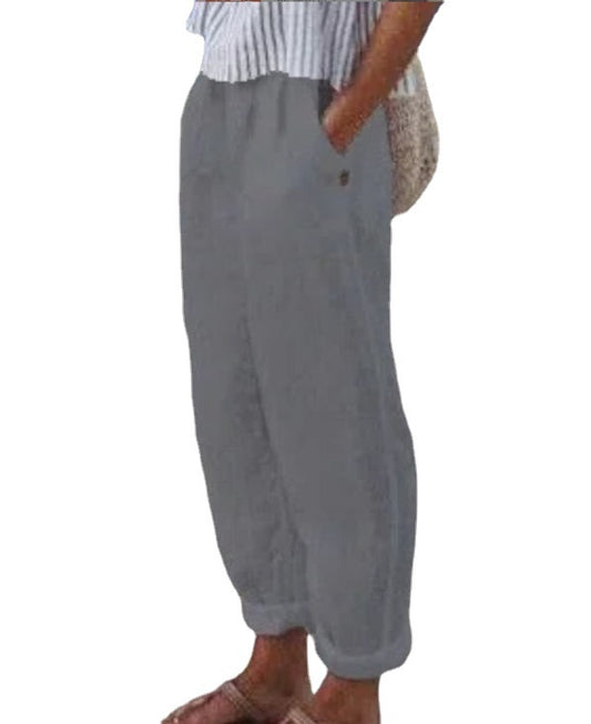 Cotton Linen Solid Color Curling Casual Pants
