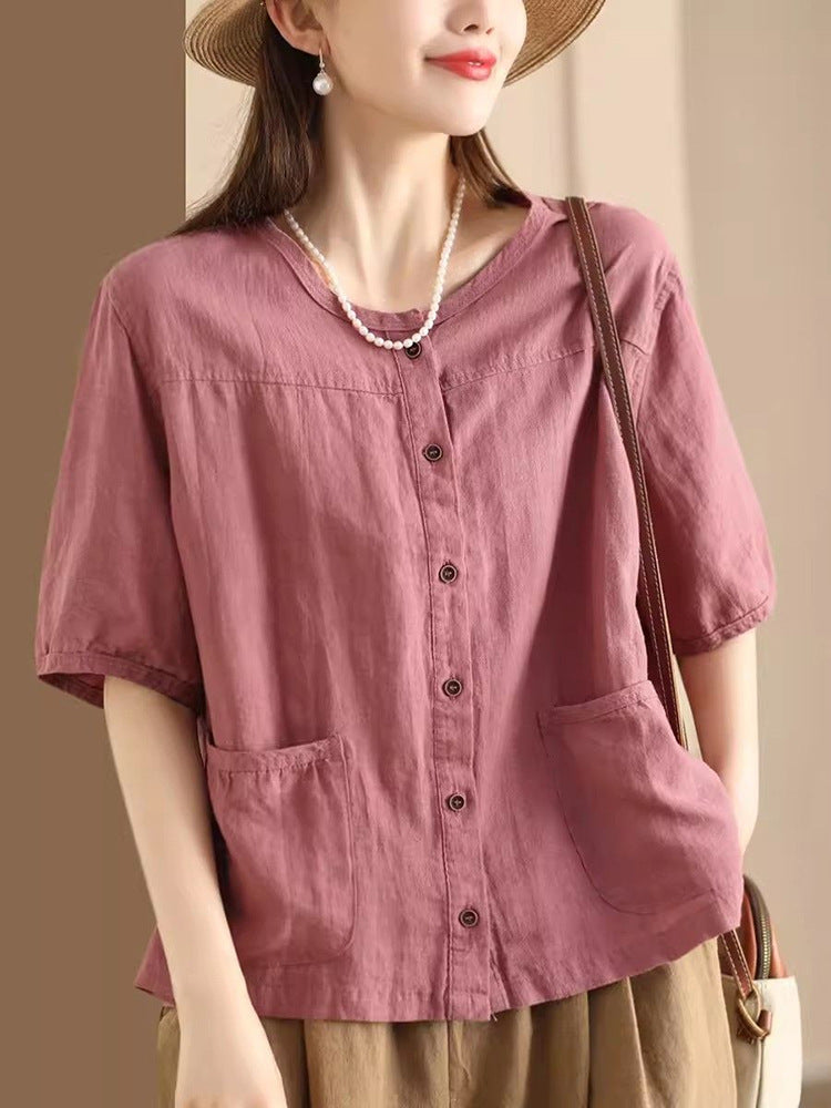 Women's Summer Retro Literary Cotton Linen Shirt Pocket Design Casual Blouses