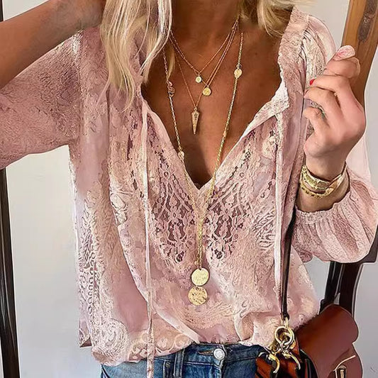 Commute Loose Printed Lace Solid Color Blouses