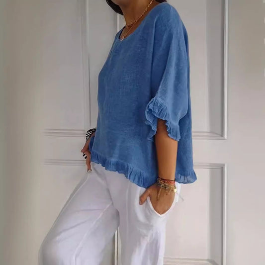 Women's Summer Short-sleeved Round Neck Cotton Linen Solid Blouses