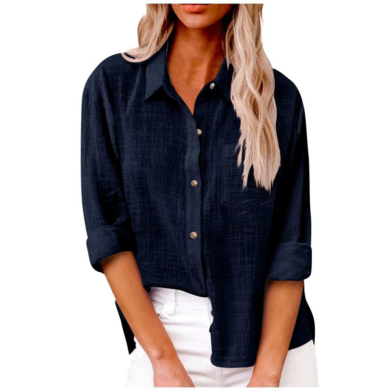 Women's Solid Color Pocket Split Button Cotton Blouses