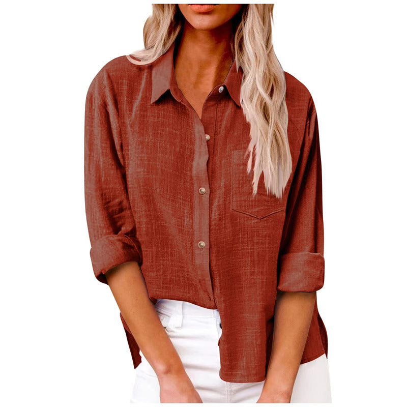 Women's Solid Color Pocket Split Button Cotton Blouses