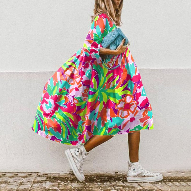 Women's Neck Loose Waist Printed Long Sleeve Dresses