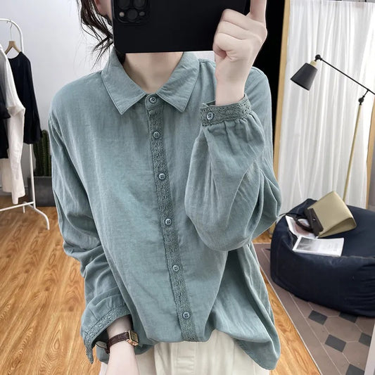 Women's Linen Shirt Lace Stitching Long Sleeve Loose Blouses