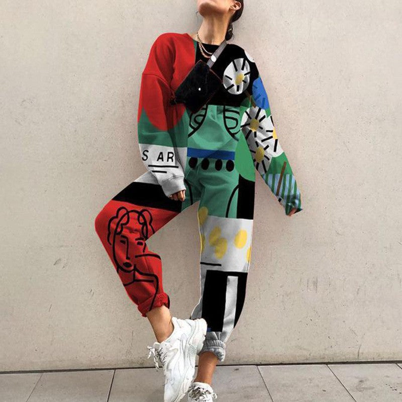 Women's Casual Round Neck Loose Printed Basic Suits